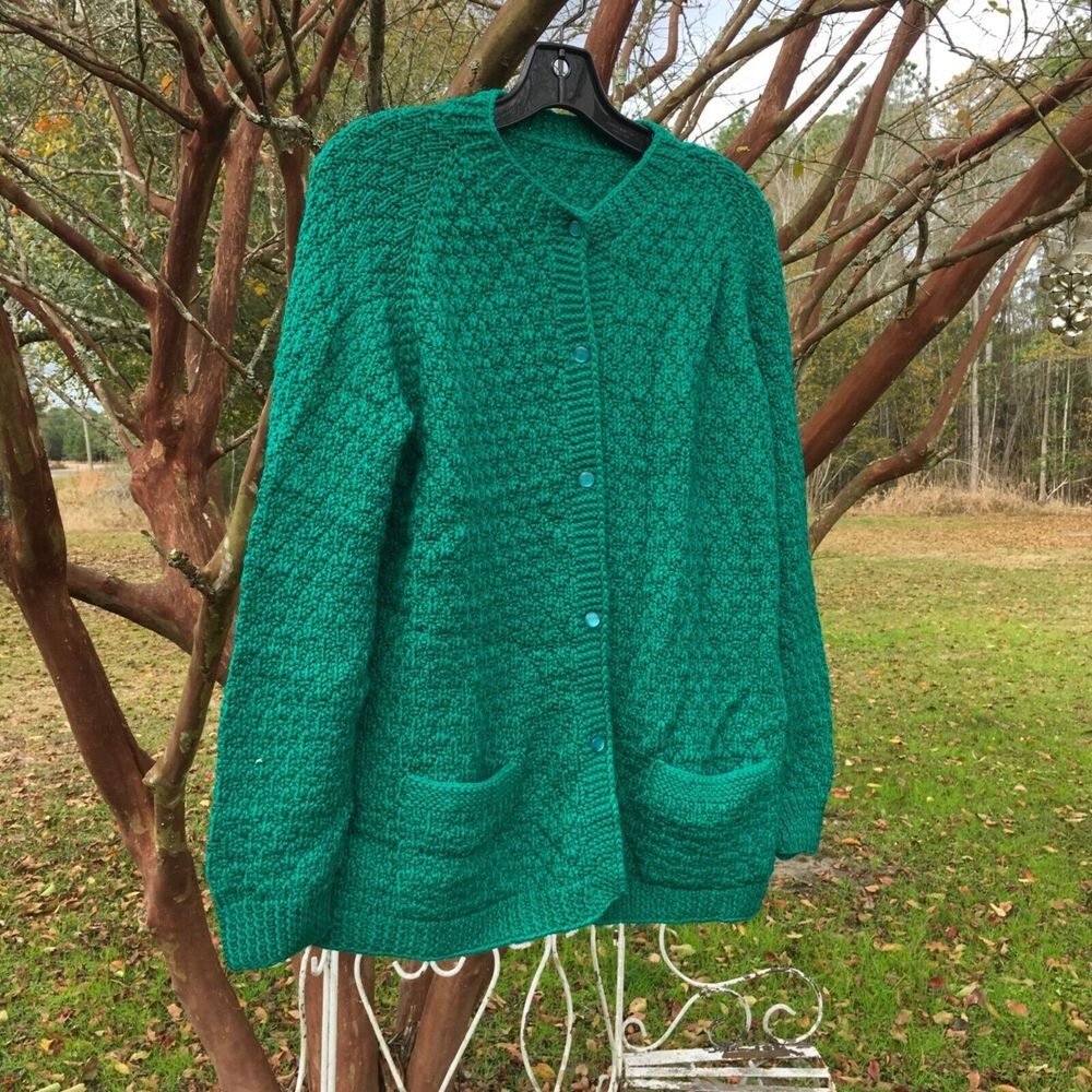 Hand-Knitted Teal Cardigan Sweater With Button Closure & Pockets ( Missing‎ Size